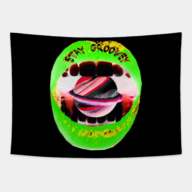 Stay groovy - Hybrid green retro lips Tapestry by Trippy Critters