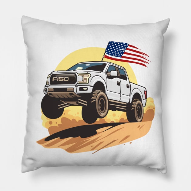 F150 car truck offroad jump on desert white Pillow by creative.z