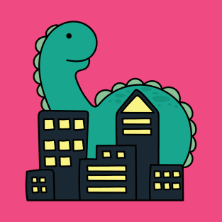 cute giant green monster brachiosaurus in the city T-Shirt