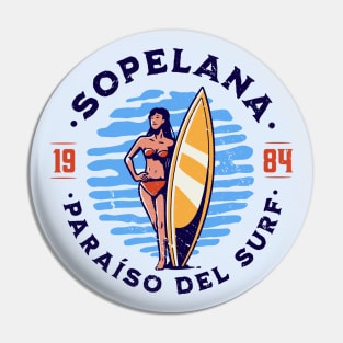 Vintage Sopelana, Spain Surfer's Paradise // Retro Surfing 1980s Badge B Pin