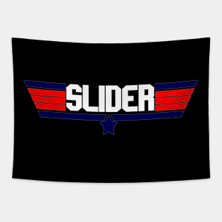 "Slider" 80's action movie design Tapestry