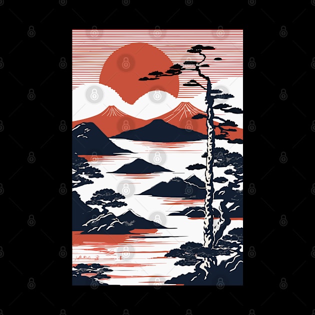 Japanese landscape with sunset, woodblock by Ravenglow