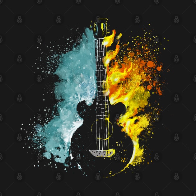 Acoustic Guitar Fire and Ice Watercolor Splash by Kali Space