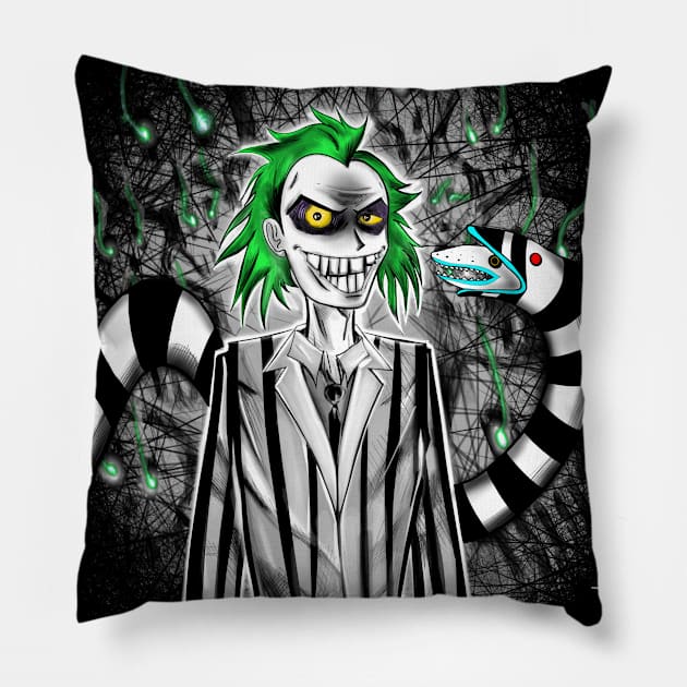 beetlejuice in dark underwold hell arts with sandworms Pillow by jorge_lebeau