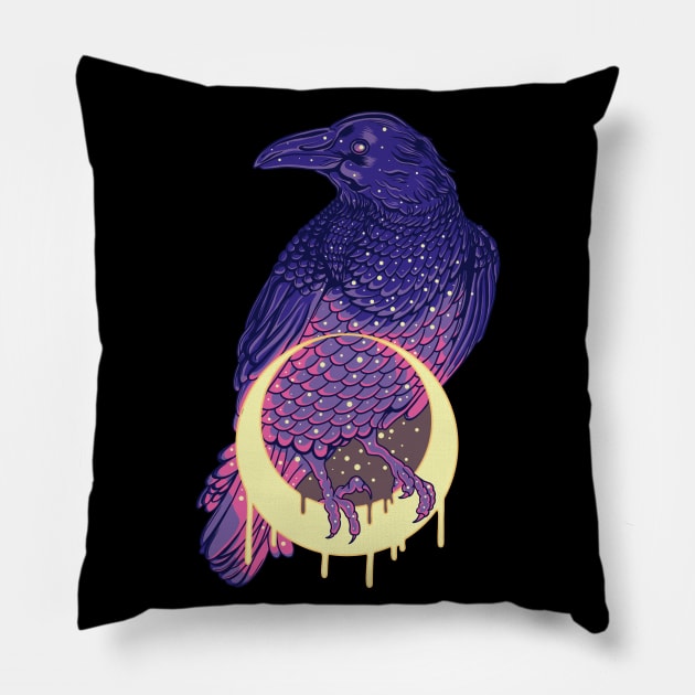 Raven On Neon Moon 2 Pillow by Luciane Martins