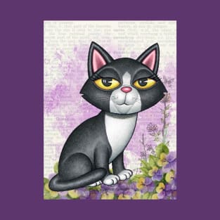 Fun black and white kitty cat with purplish flowers T-Shirt