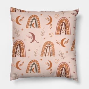 Boho nude, beige and brown neutral rainbow and moon pattern with leaves Pillow