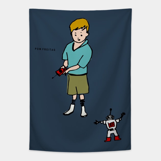 Boy with toy robot : Tapestry by Annie Pom Freitag