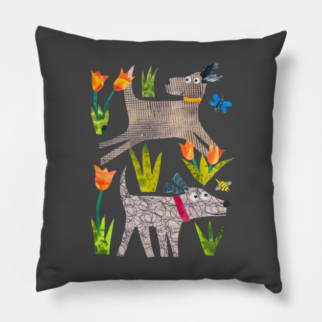 Dogs in the park Pillow by Tracey English