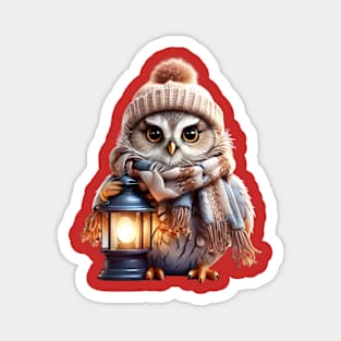 Winter Whimsy: Adorable Owl in Hat and Scarf Holding Lantern Magnet