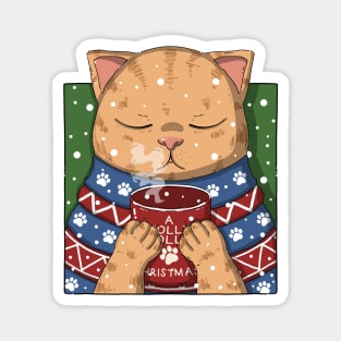 Cute Tabby Cat Drinking Coffee On Christmas Magnet