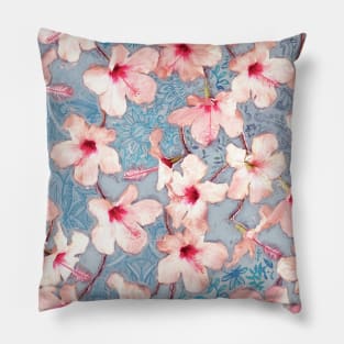 Shabby Chic Hibiscus Patchwork Pattern in Pink & Blue Pillow