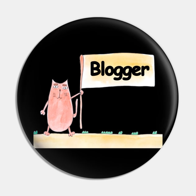 Blogger. Profession, work, job. Cat shows a banner with the inscription. Watercolor illustration. A gift for a professional. Pin by grafinya