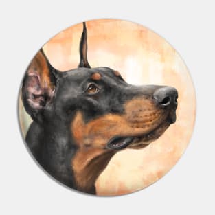 Contemporary Painting of a Gorgeous Black and Gold Doberman Pinscher on Orange Background Pin