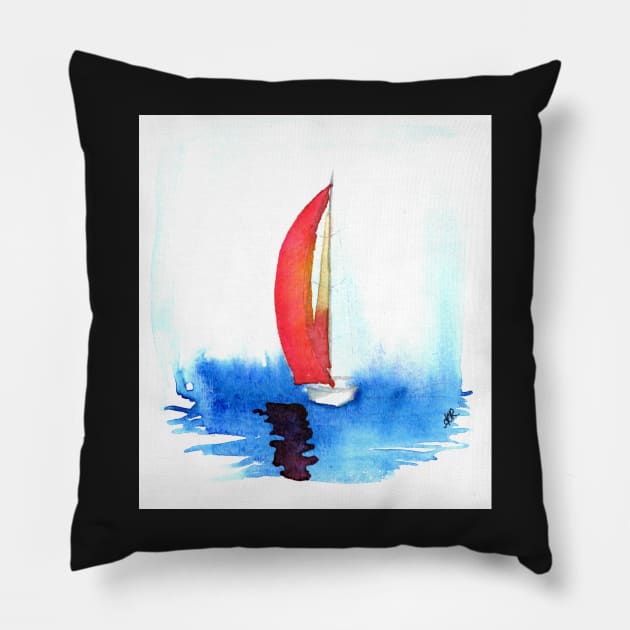 Red sail on a smooth sea Pillow by RavensLanding