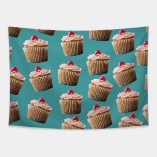 Cherry on Top Cupcakes with Sprinkles and Pink Frosting Decoration Pattern on Teal Tapestry