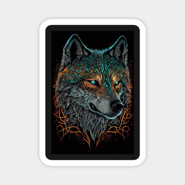 Mean Wolf portrait with teal and orange glow Magnet by KoolArtDistrict