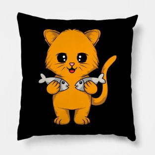 Cat Masterfully Holding Two Fish in Each Arm - Captivating Tee for Cat Lovers Pillow