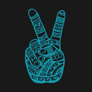 Boho Polynesian Tattoo Peace Sign Hand - Teal T-Shirt