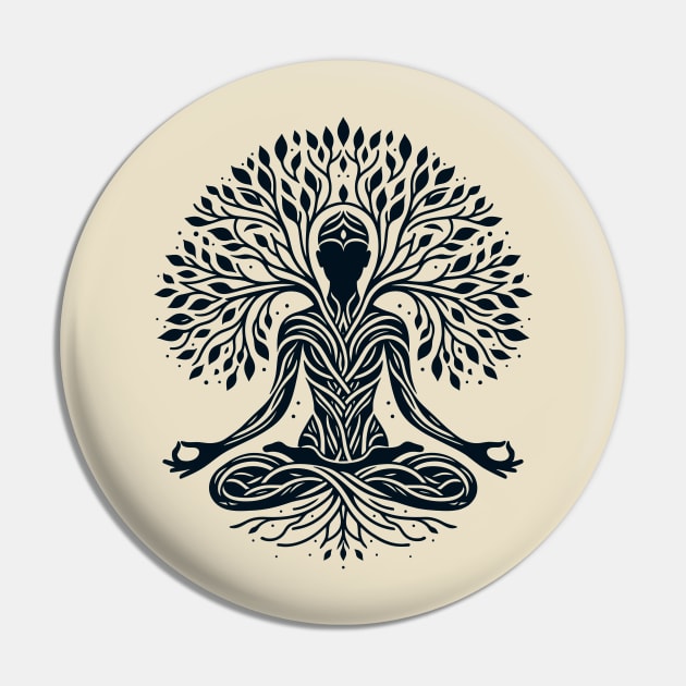 Meditative Tree Pose - Yoga-Inspired Nature T-Shirt Design Pin by The Tee Bizarre