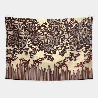 SWIRLS ,LEAVES AND STRIPES Ivory Sepia Brown Geometric Japanese Floral Tapestry