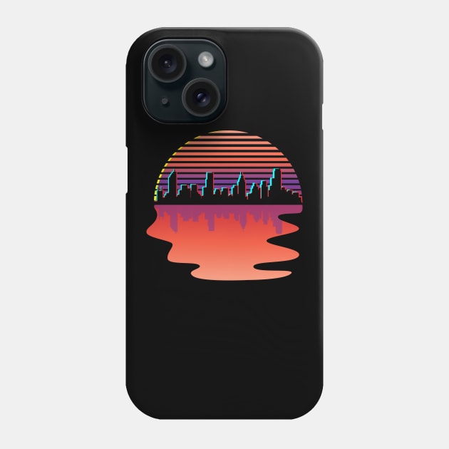 Retro Synthwave City Skyline Silhouette Glitch Art Design Phone Case by Brobocop