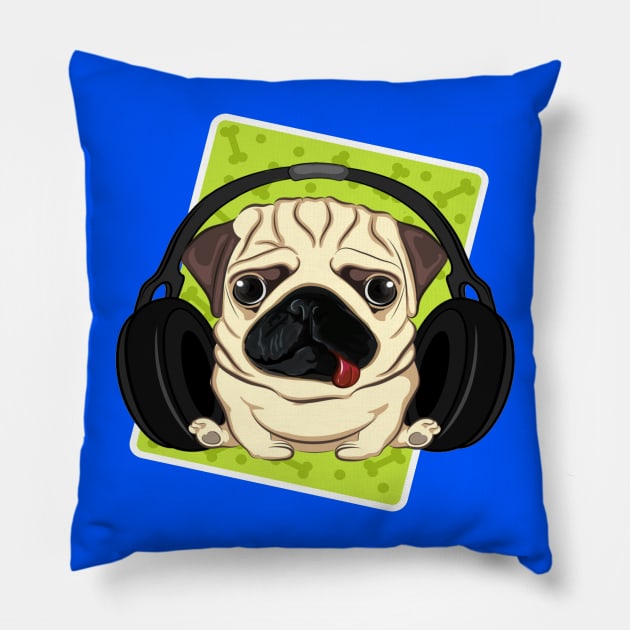 pug with phones Pillow by amramna