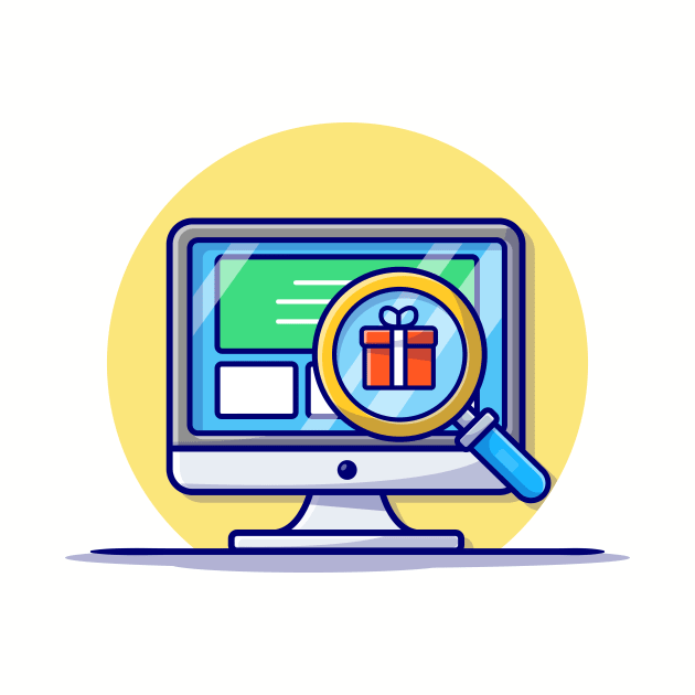 Monitor With Magnifying Glass And Gift Cartoon Vector Icon Illustration by Catalyst Labs