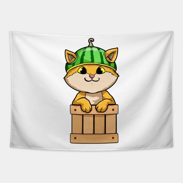 Funny cat with a watermelon on the head Tapestry by Markus Schnabel