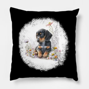 Dachshund Puppy Sitting in Flowers Pillow