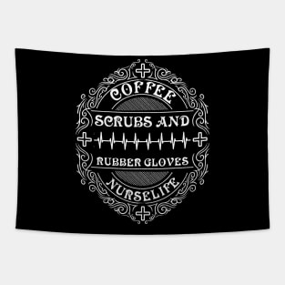 Coffee scrubs and rubber gloves nurse Tapestry