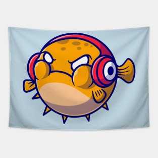 Cute Puffer Fish Angry And Wearing Headphone Cartoon Tapestry