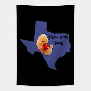 Thank you, Texas! Embryo hugging cartoon-style heart-shape inside Texas map. Tapestry