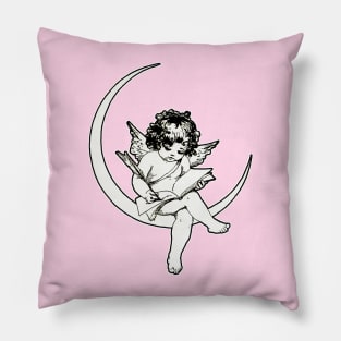 Little angel on the moon reading a book Pillow