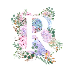 botanical monogram alphabet R hydrangea flowers T-Shirt