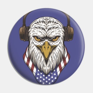 Bald Eagle Head with Headphones and American Flag Bandana Pin