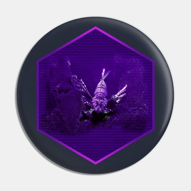 Lionfish on Purple Hexagonal Bubblewrap Pattern Pin by MikeCottoArt