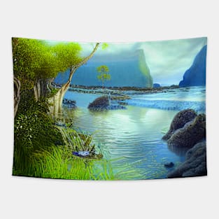 Magical Landscape featuring Sea, Mountains And Plants, Vacation Beach Tapestry