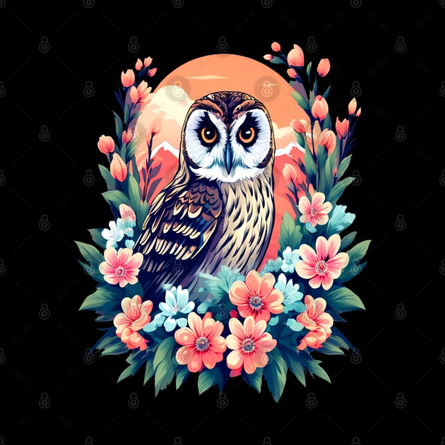 A Cute Short Eared Owl Surrounded by Bold Vibrant Spring Flowers by BirdsnStuff