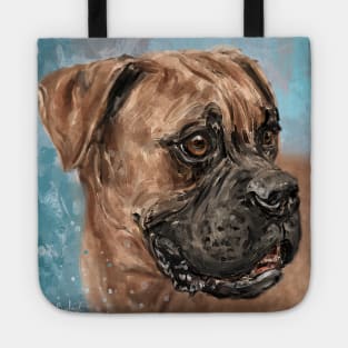 Painting of a Brown Coated Boxer Dog Looking to the Side on Light Blue Background Tote