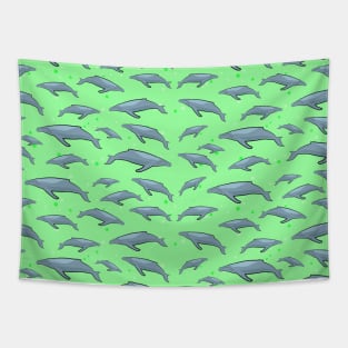 Blue Whale Pattern on Bright Green Background Tapestry