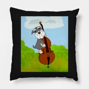 Miniature Schnauzer Funny Dog Playing Double Bass in a Field with Blue Sky Pillow