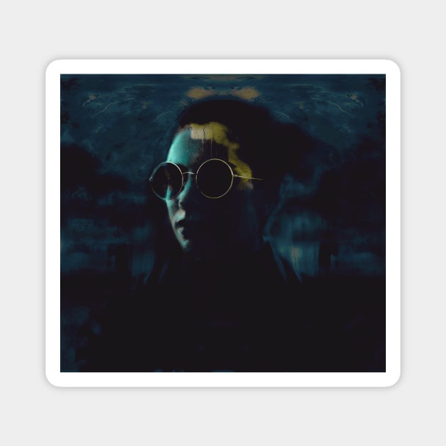 Beautiful girl with round glasses. Dark, like in night dream. Light aqua and blue. Magnet by 234TeeUser234