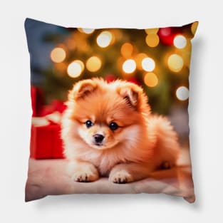 Cute Pomeranian Puppy's First Christmas Pillow