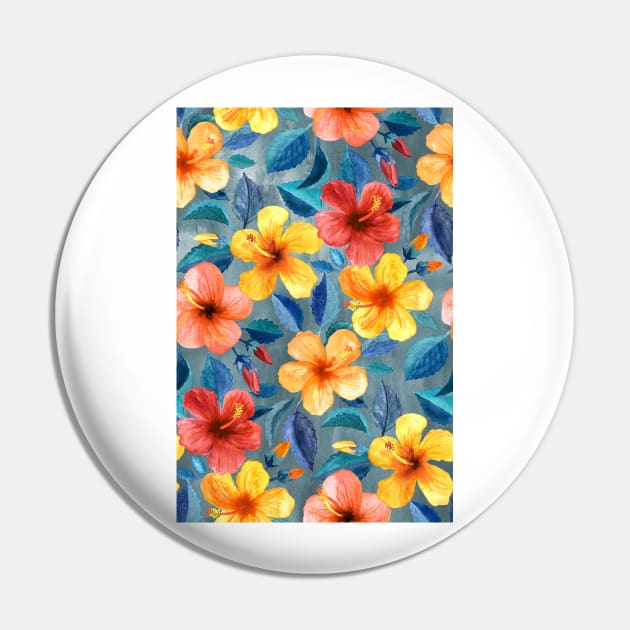 Colorful Watercolor Hibiscus on Grey Blue Pin by micklyn