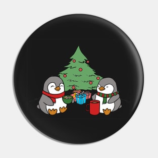 Christmas Penguins Enjoying Hot Cocoa with Christmas Tree v3 Pin