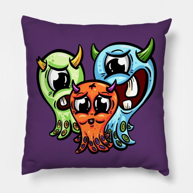 Funny cartoon imaginary monster creatures Pillow by Squeeb Creative