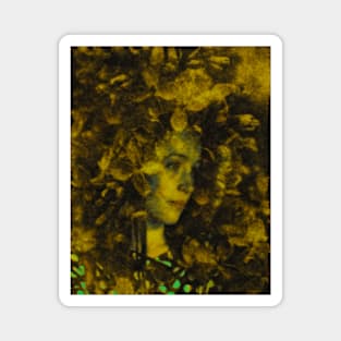 Beautiful girl, near the flowers. Calm, gold colors. Reminds autumn and evening. Beautiful. Magnet