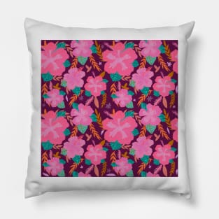 Tropical Pink Hibiscus Flower Purple Pattern Pillow