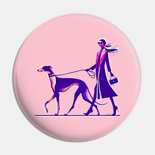 Lady Walking Greyhound Dog Retro Pin